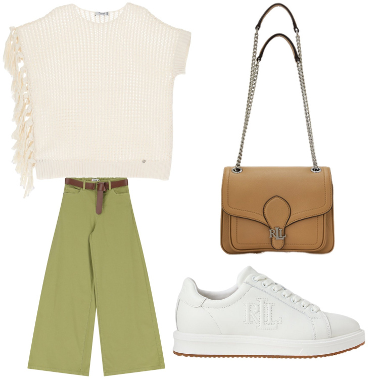 Outfit donna - Aperitivo. Stile Trendy per Tutti i giorni. Abbinamento con pantaloni, maglieria, sneakers, borse a spalla.