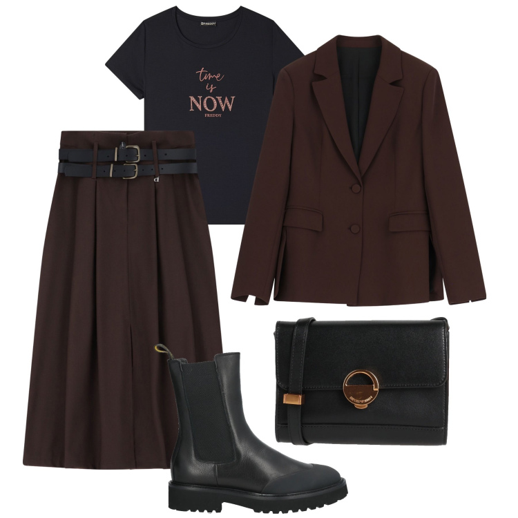 Outfit donna - Mix & Match. Stile Trendy per Tutti i giorni. Abbinamento con borse a tracolla, stivaletti chelsea, blazer, t-shirt, gonne.