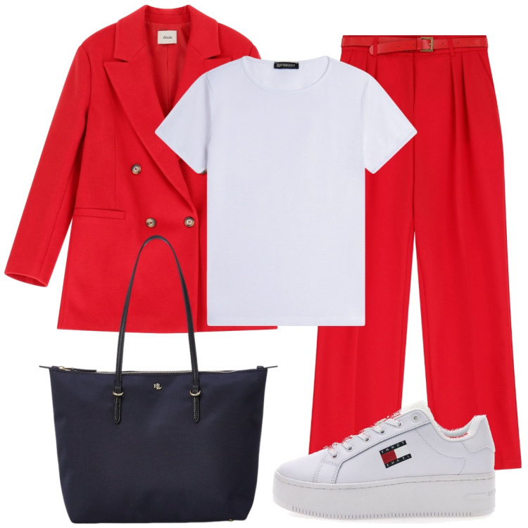 Outfit donna - Red passion. Stile Urban per Tutti i giorni. Abbinamento con pantaloni, t-shirt, borse tote, blazer, sneakers.