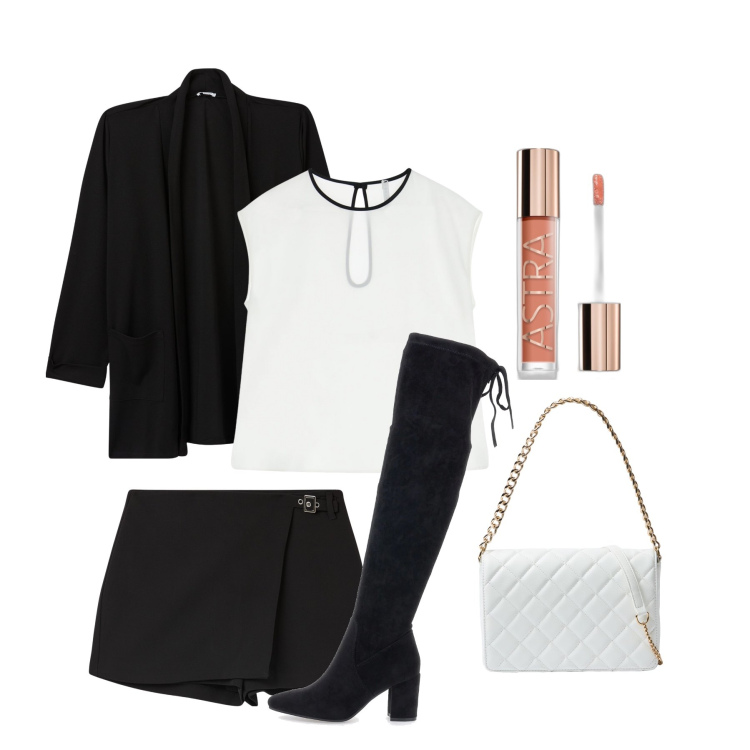 Outfit donna - Glam chic. Stile Trendy per Serata fuori. Abbinamento con gloss, minigonne, blazer, borse a tracolla, top, stivali sopra il ginocchio.