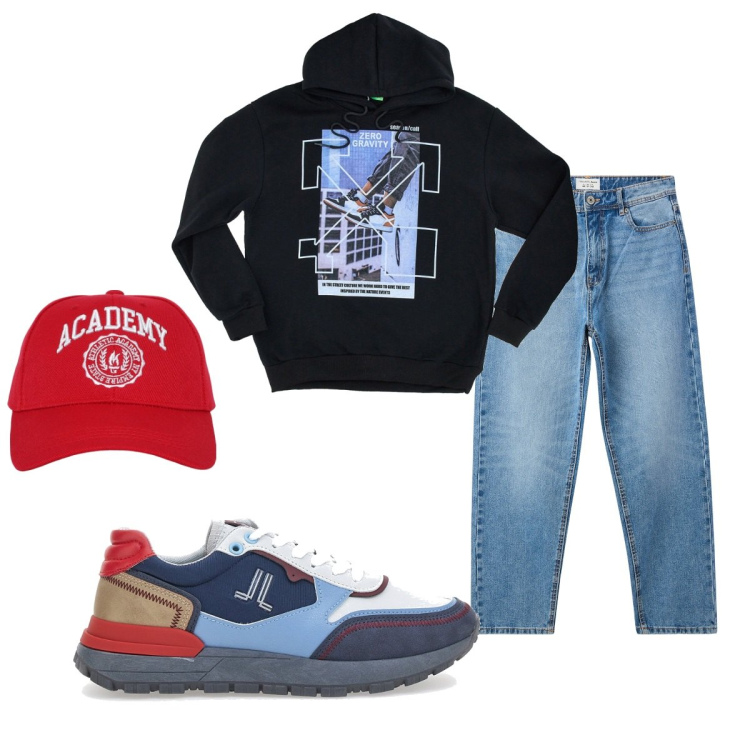 Outfit uomo - Total look #2062002. Stile Casual per Tutti i giorni. Abbinamento con cappelli, jeans, felpe con cappuccio, sneakers.