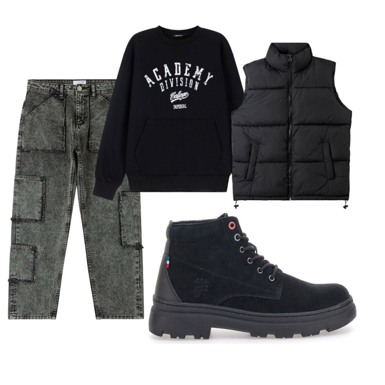 Outfit uomo - Total look #2062003. Stile Urban per Tutti i giorni. Abbinamento con jeans, piumini, felpe, stivali e stivaletti.
