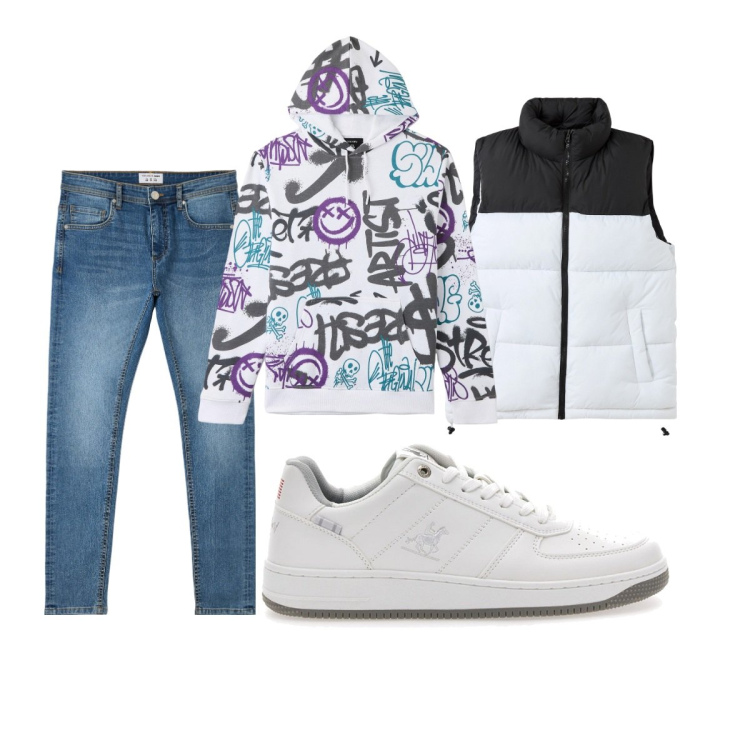 Outfit uomo - Total look #2062004. Stile Casual per Tutti i giorni. Abbinamento con jeans skinny, felpe con cappuccio, piumini, sneakers.