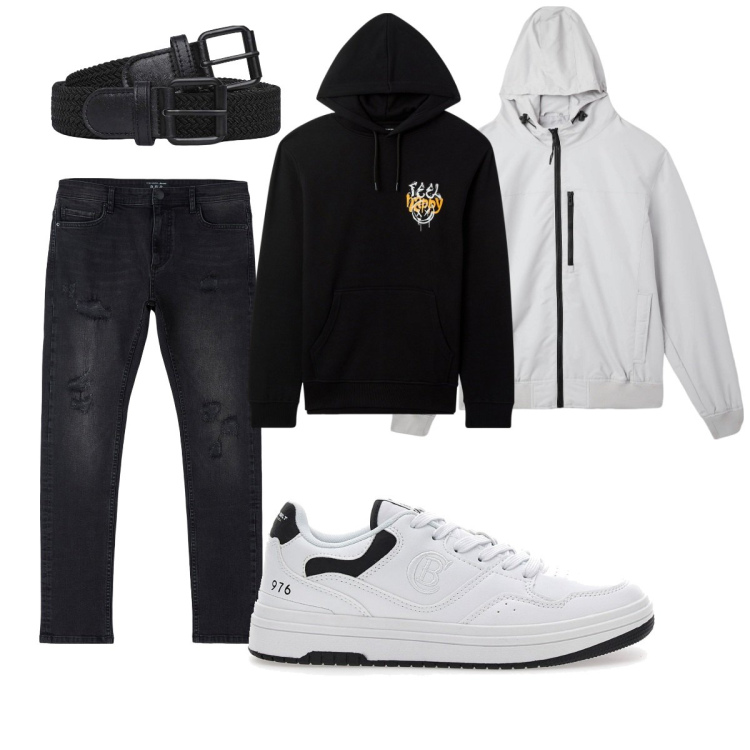 Outfit uomo - Total look #2062007. Stile Casual per Tutti i giorni. Abbinamento con jeans strappati, giacche, felpe con cappuccio, cinture, sneakers.