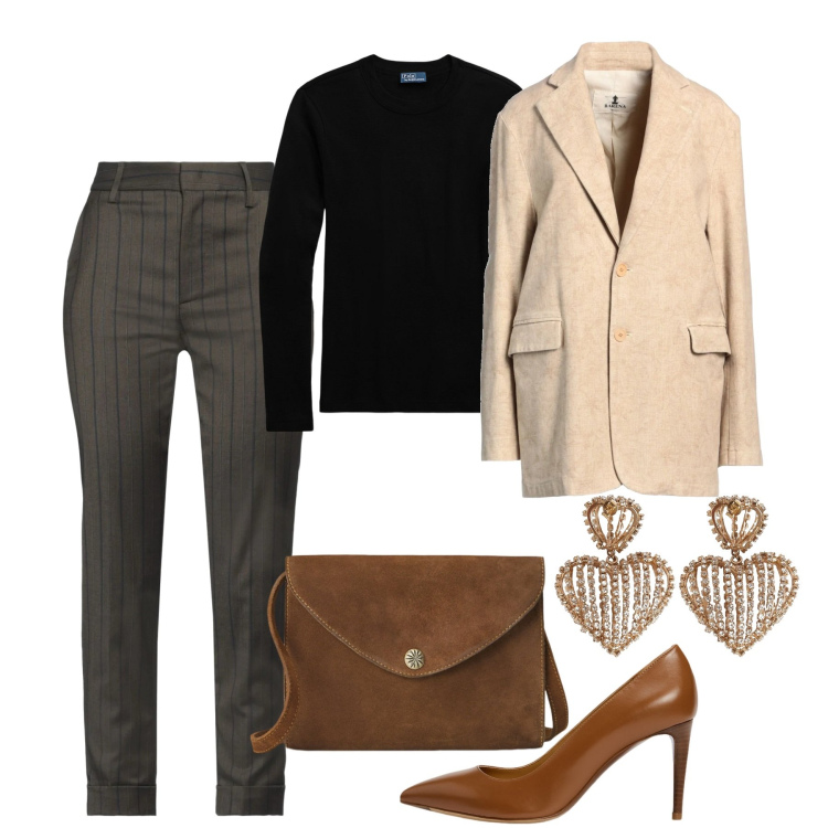 Outfit donna - Febbraio. Stile Chic per Tutti i giorni. Abbinamento con blazer, pantaloni, t-shirt, borse a tracolla, décolleté, orecchini.