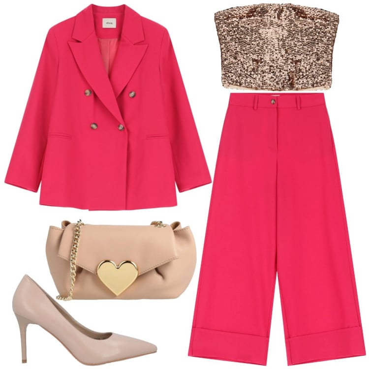 Outfit donna - Fragola. Stile Trendy per Cerimonia. Abbinamento con décolleté, borse a tracolla, top, pantaloni a palazzo, blazer.