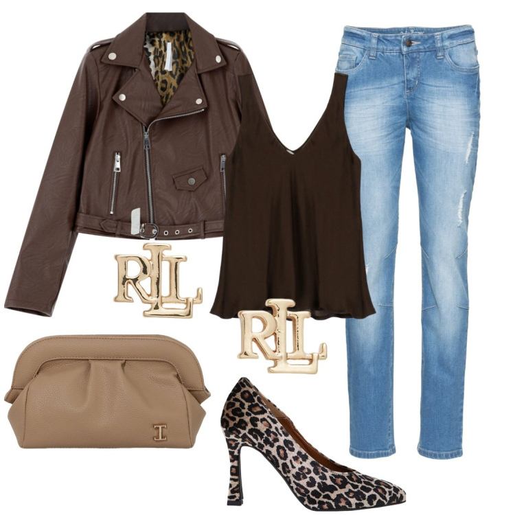 Outfit donna - Venerdì sera. Stile Rock per Serata fuori. Abbinamento con jeans boyfriend, giacche, décolleté, borse a mano, top, orecchini.