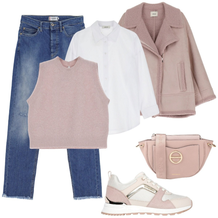 Outfit donna - Casual&chic. Stile Casual chic per Tutti i giorni. Abbinamento con borse a tracolla, jeans dritti, maglieria, camicie, blazer, sneakers.