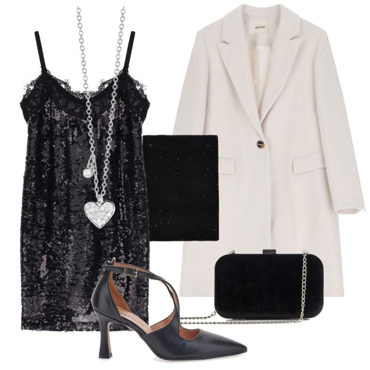 Outfit donna - Sciarpa con micro paillettes. Stile Chic per Serata fuori. Abbinamento con pochette, collane, vestiti corti, cappotti, décolleté, sciarpe.
