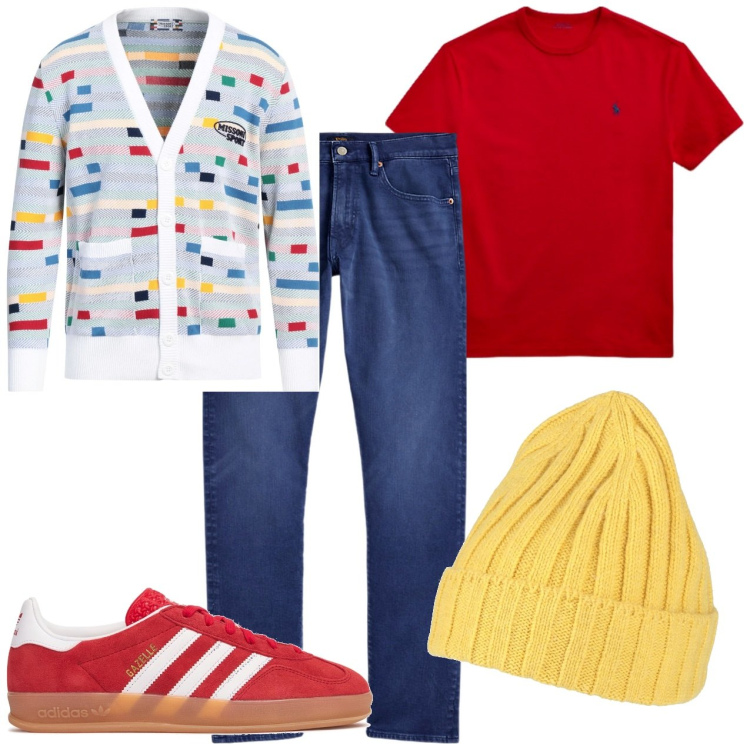 Outfit uomo - Giallo rosso e blu. Stile Urban per Tutti i giorni. Abbinamento con cardigans, cappelli, t-shirt, jeans, sneakers.
