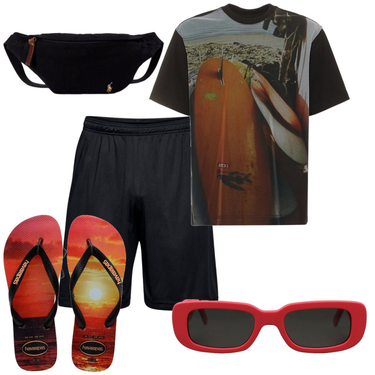 Outfit uomo - Voglia di mare. Stile Urban per Mare. Abbinamento con occhiali da sole, borse sportive, sandali, t-shirt, shorts.