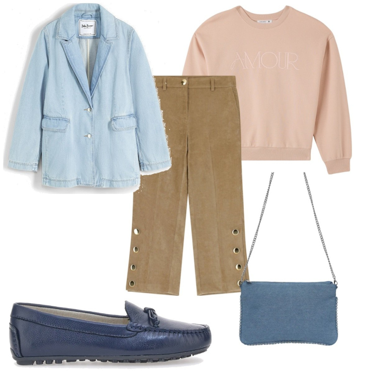 Outfit donna - Total look #2062032. Stile Mannish per Ufficio. Abbinamento con blazer, borse a tracolla, felpe, pantaloni, mocassini.