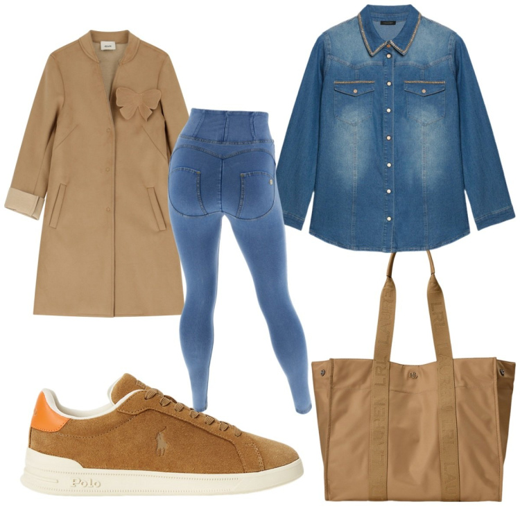 Outfit donna - Total look #2062044. Stile Trendy per Tutti i giorni. Abbinamento con cappotti, jeggings, borse tote, sneakers, camicie.