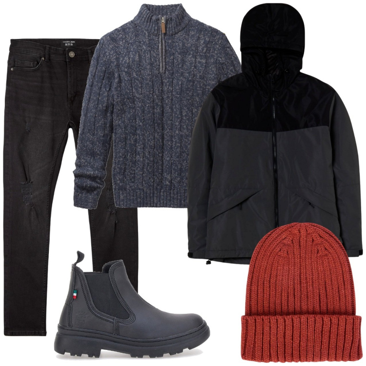 Outfit uomo - A spasso con Fido. Stile Casual per Tutti i giorni. Abbinamento con maglieria, giacche sportive, jeans strappati, berretti, stivali e stivaletti.