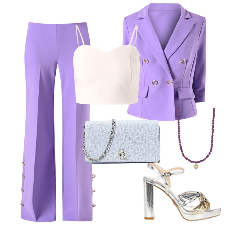 Outfit donna - Alla comunione: la mamma top. Stile Glamour per Cerimonia. Abbinamento con pantaloni a palazzo, canottiere, sandali in pelle, blazer, collane, borse a tracolla.