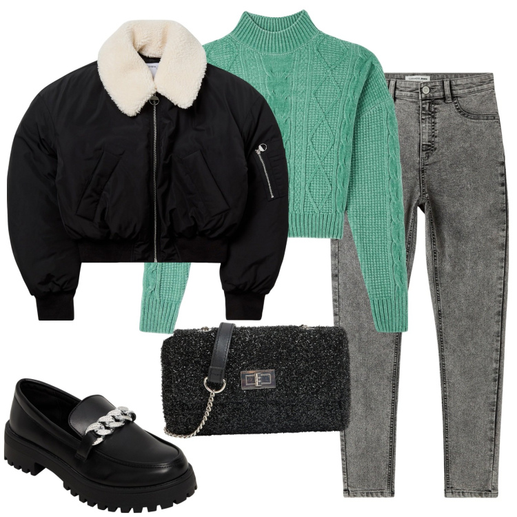 Outfit donna - Amore al liceo. Stile Casual per Scuola/Università. Abbinamento con maglieria, blazer, mocassini, borse a tracolla, jeggings.