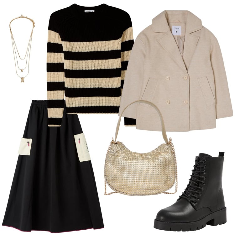 Outfit donna - Serata tra amiche. Stile Casual per Serata fuori. Abbinamento con maglieria, caban, gonne lunghe, anfibi, ciondoli, borse a spalla.