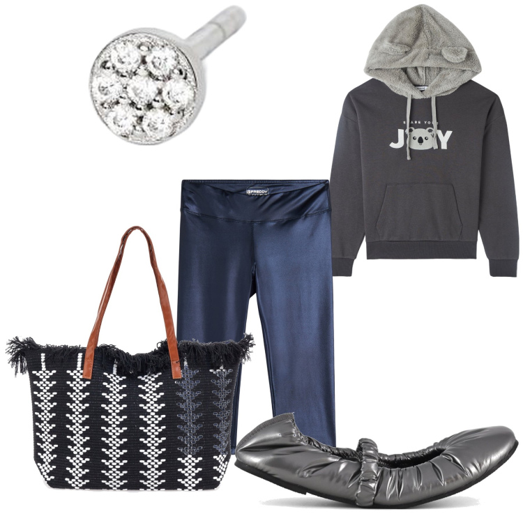 Outfit donna - Colazione al bar. Stile Casual per Tutti i giorni. Abbinamento con felpe con cappuccio, orecchini, pantaloni, borse a spalla, ballerine.