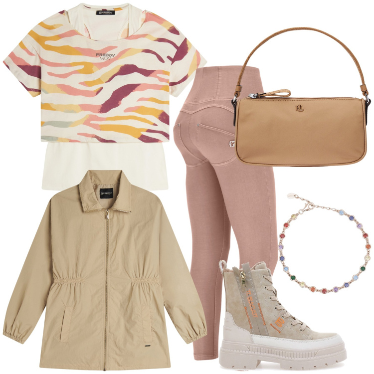 Outfit donna - Primavera ti attendo. Stile Casual chic per Tutti i giorni. Abbinamento con braccialetti, t-shirt, parka, pantaloni skinny, pochette, anfibi.
