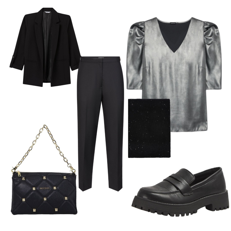 Outfit donna - Total look #2062064. Stile Minimal per Serata fuori. Abbinamento con blazer, mocassini, borse a spalla, pantaloni, sciarpe, bluse.