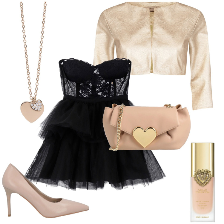 Outfit donna - RR : rock romantico. Stile Romantica per Serata fuori. Abbinamento con borse a tracolla, décolleté, fondotinta, ciondoli, bolero, vestiti corti.
