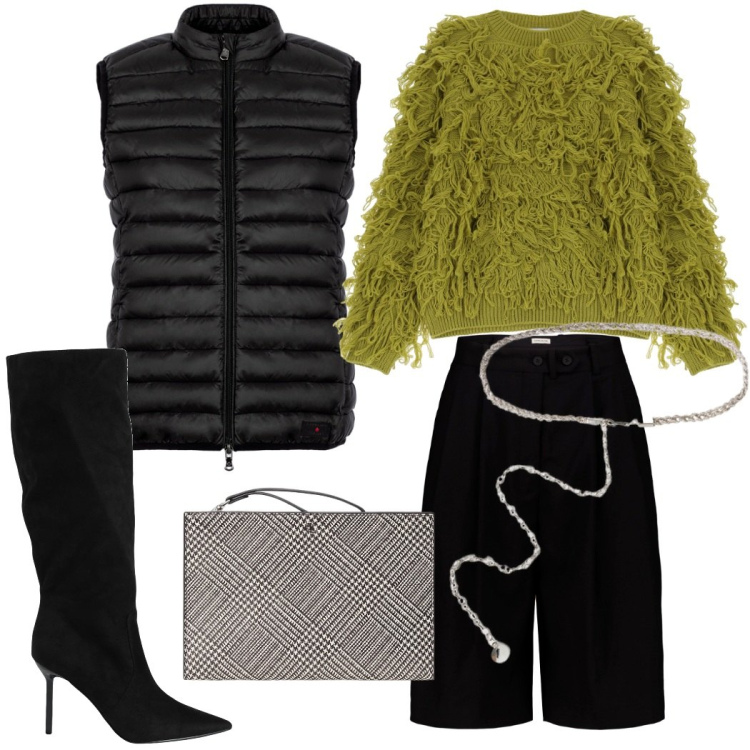 Outfit donna - I bermuda da sera. Stile Glamour per Serata fuori. Abbinamento con stivali, maglieria, pochette, piumini, bermuda, cinture.