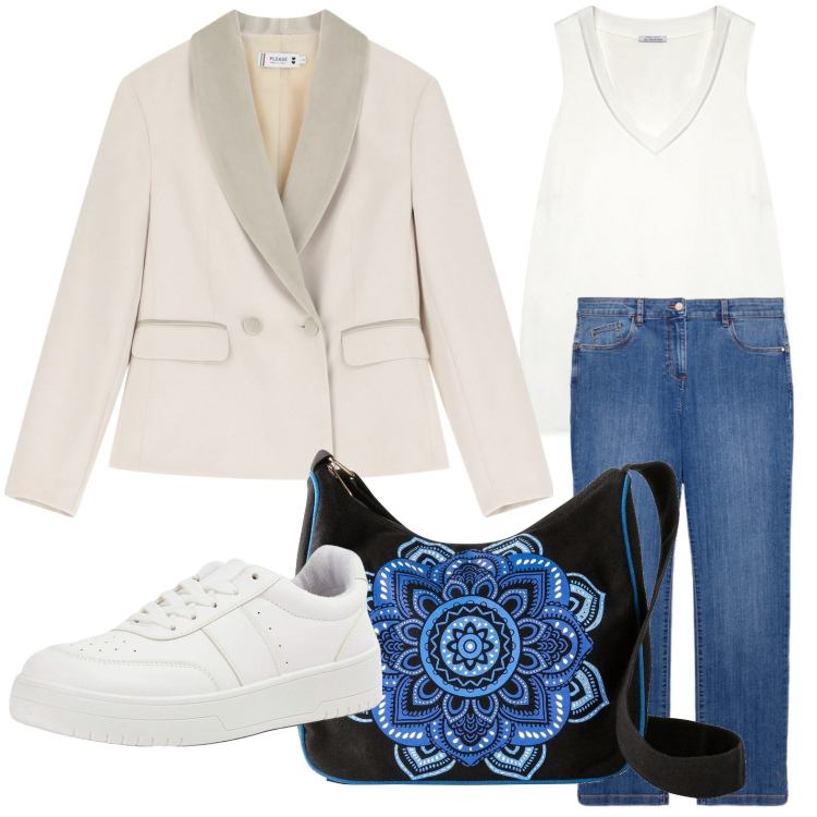 Outfit donna - Blazer e jeans. Stile Casual per Ufficio. Abbinamento con borse a tracolla, sneakers, blazer, top, jeans dritti.