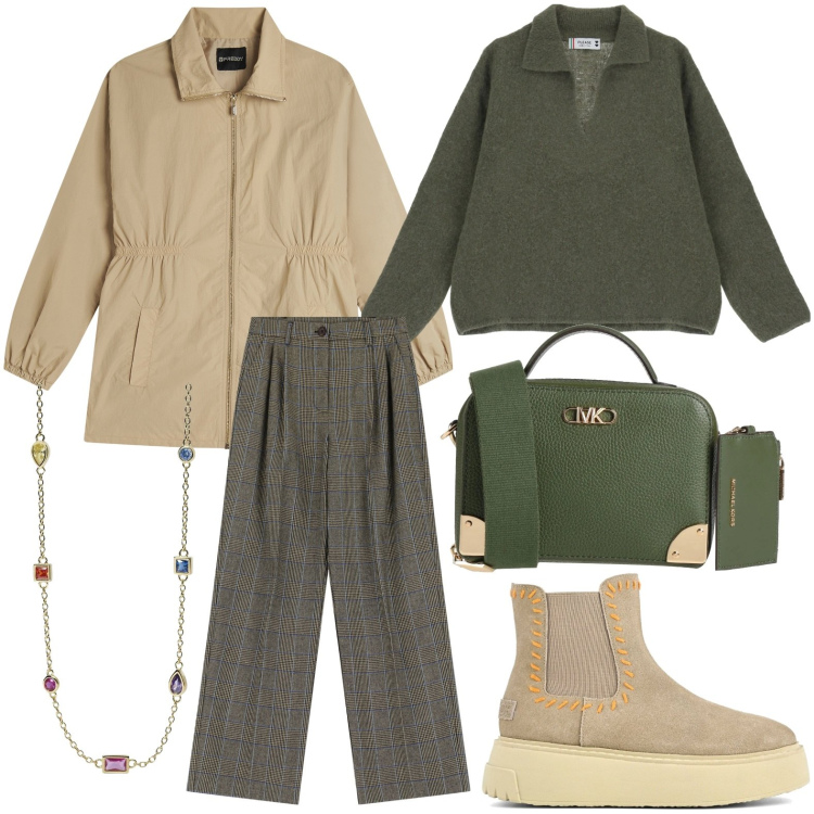 Outfit donna - Stile cittadino. Stile Casual per Ufficio. Abbinamento con borse a tracolla, collane, pullovers, pantaloni, parka, stivaletti.