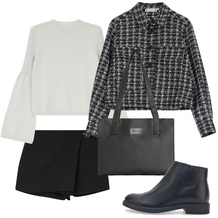 Outfit donna - Fashion time. Stile Casual chic per Serata fuori. Abbinamento con minigonne, cappotti, maglieria, shopping bag, stivaletti.