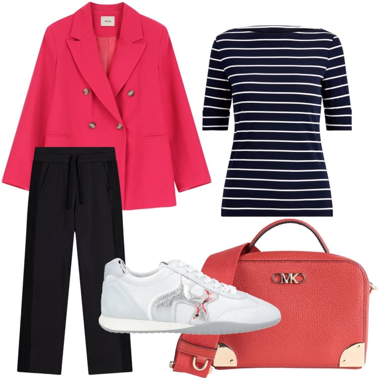Outfit donna - Stile marines. Stile Casual per Ufficio. Abbinamento con sneakers, borse a tracolla, pantaloni, maglieria, blazer.
