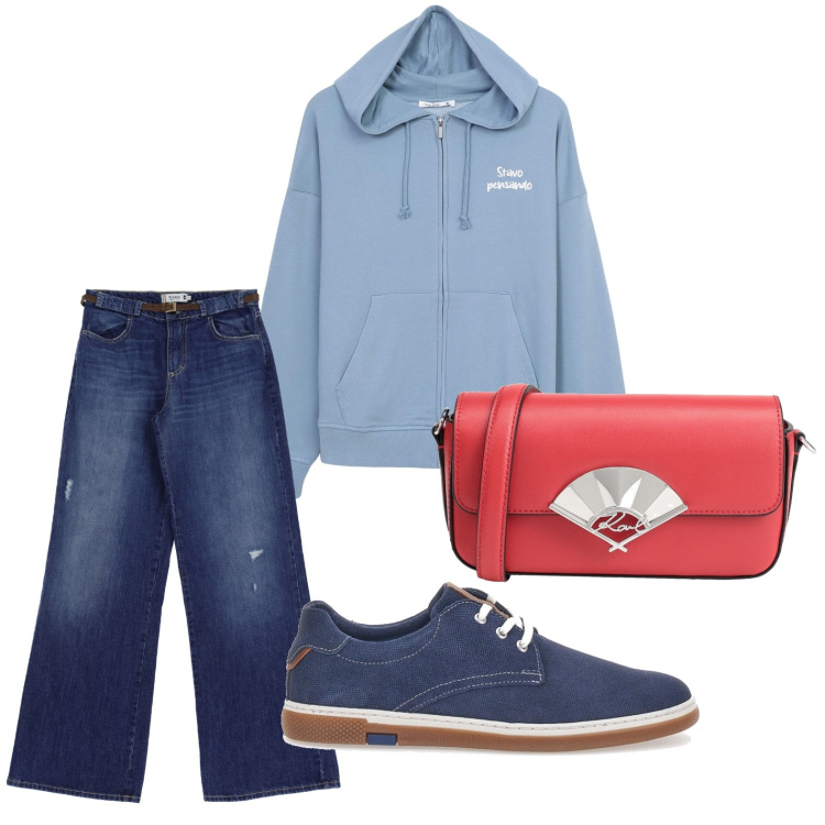 Outfit donna - Anima sportiva. Stile Minimal per Tutti i giorni. Abbinamento con borse a tracolla, felpe con cappuccio, jeans, scarpe stringate.