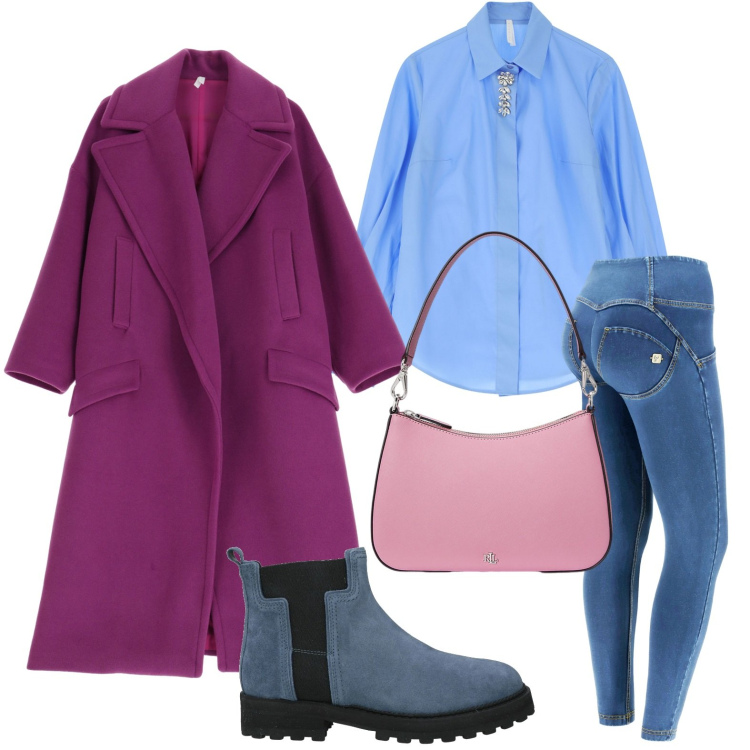 Outfit donna - Il cappotto ciclamino. Stile Minimal per Tutti i giorni. Abbinamento con stivaletti, cappotti, camicie, jeggings, borse a spalla.