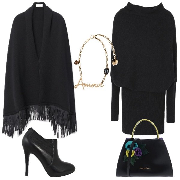 Outfit donna - I dettagli che fanno la differenza. Stile Basic per Ufficio. Abbinamento con vestito lavorato a maglia collo alto a maniche lunghe taglia media interno sfoderato tinta unita, borsa a mano con manico contrasto taglia media interno foderato con tracolla removibile, collana a pois girocollo con gancetto, tronchetti con fasce, stola con frange.