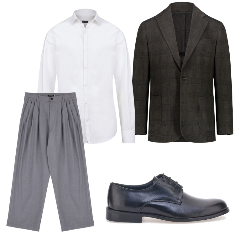 Outfit uomo - Minimal. Stile Trendy per Ufficio. Abbinamento con pantaloni, scarpe stringate, giacche, camicie.