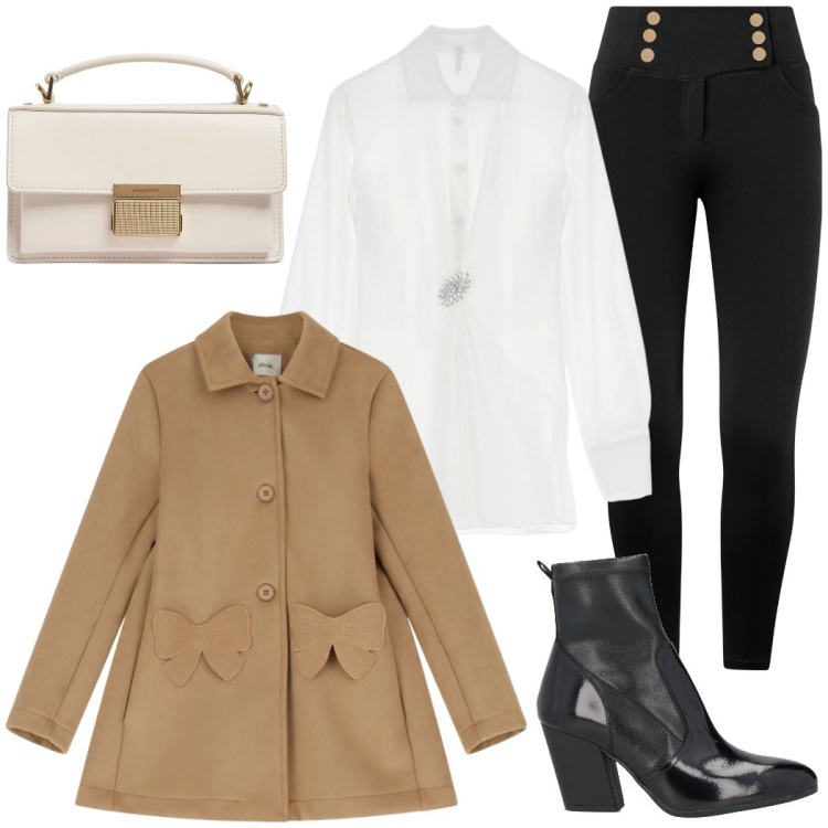Outfit donna - Bon ton con il cappotto corto. Stile Bon Ton per Serata fuori. Abbinamento con stivaletti, camicie, pantaloni skinny, cappotti, borse a mano.