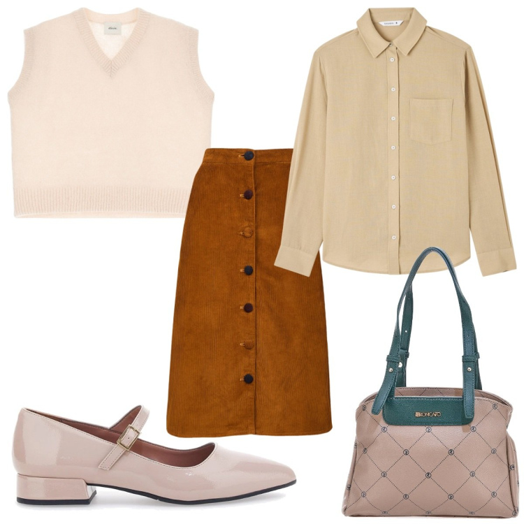 Outfit donna - Total look #2062101. Stile Trendy per Tutti i giorni. Abbinamento con camicie, gilet, ballerine, gonne longuette, borse a spalla.