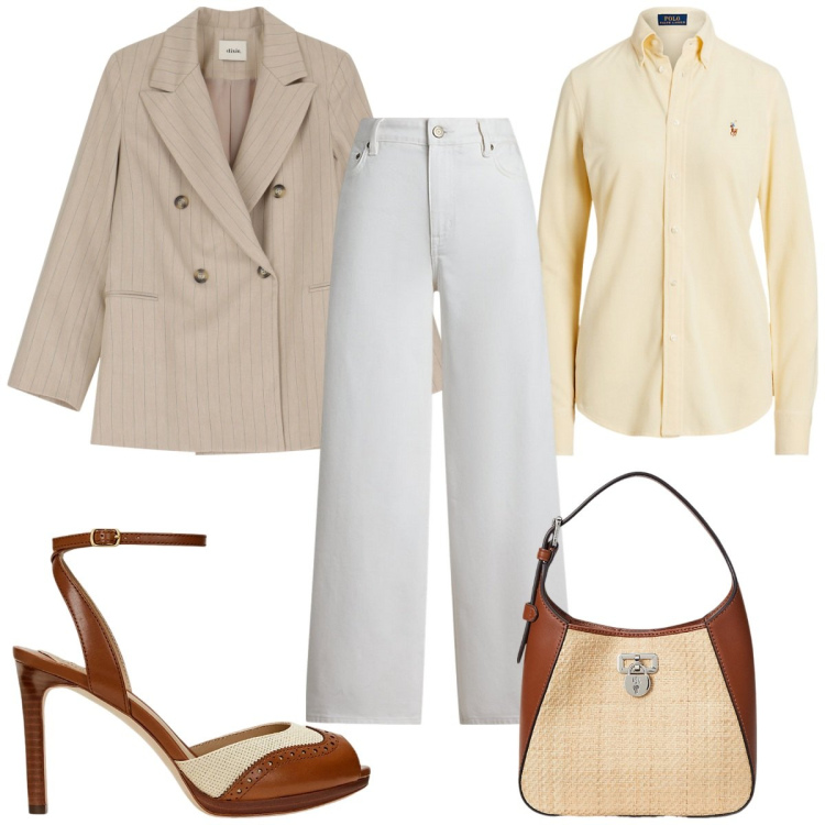 Outfit donna - Total look #2062107. Stile Casual chic per Tutti i giorni. Abbinamento con camicie, borse a tracolla, jeans, sandali in pelle, blazer.