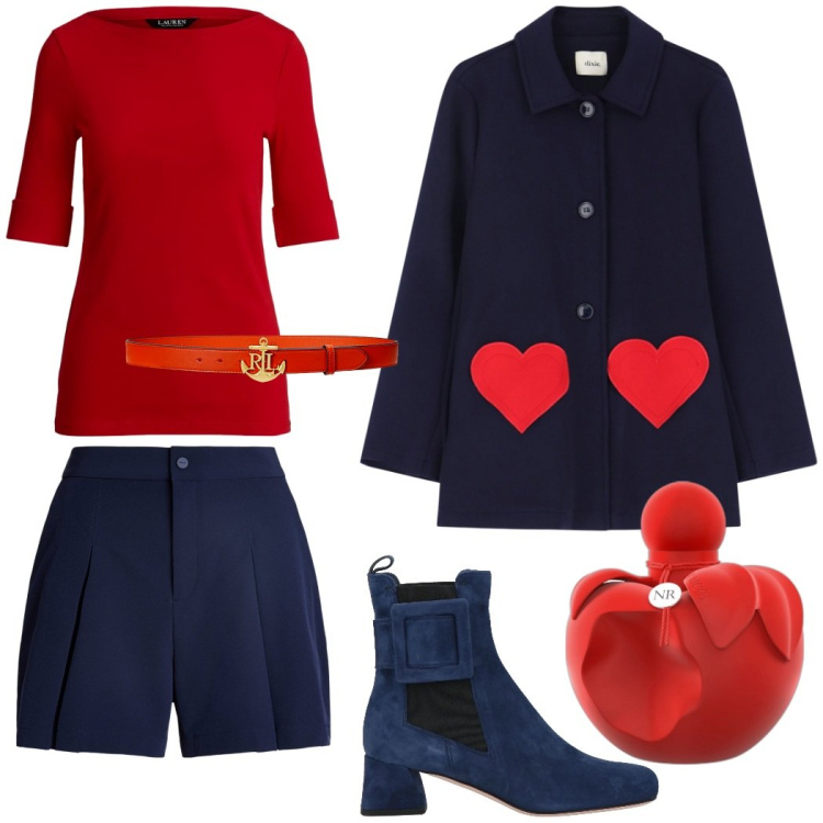 Outfit donna - Cuoricini di San Valentino. Stile Preppy per Serata fuori. Abbinamento con stivaletti, profumi, minigonne, cinture, t-shirt, cappotti.