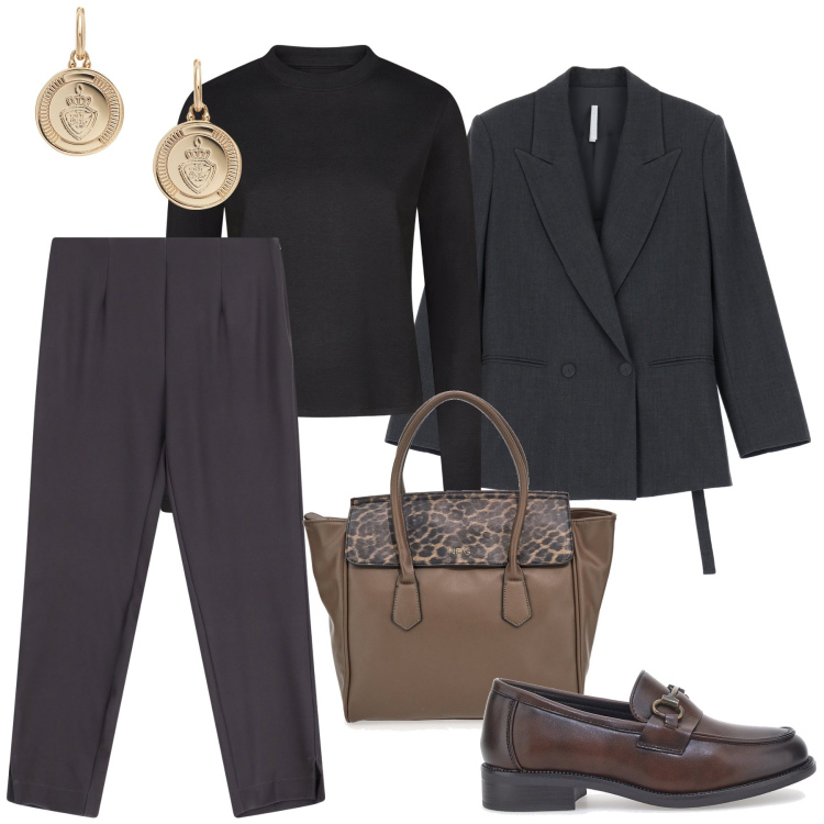 Outfit donna - Per l’ufficio. Stile Mannish per Ufficio. Abbinamento con pantaloni, blazer, orecchini, mocassini, borse a mano, t-shirt.
