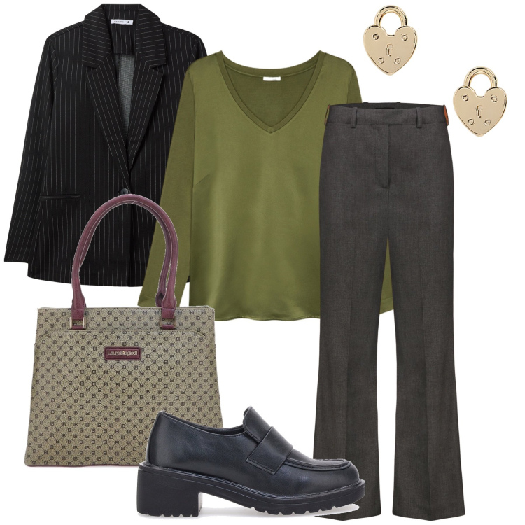 Outfit donna - La blusa verde. Stile Minimal per Ufficio. Abbinamento con blazer, orecchini, mocassini, pantaloni, t-shirt, borse a spalla.