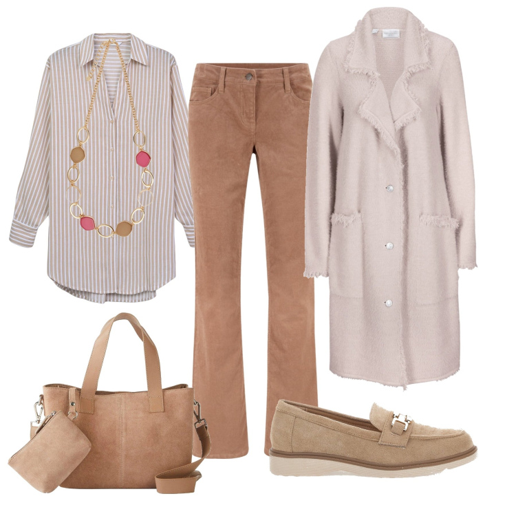 Outfit donna - Il cardigan lungo effetto piumato. Stile Casual per Tutti i giorni. Abbinamento con pantaloni, borse a mano, cardigans, camicie, mocassini, collane.