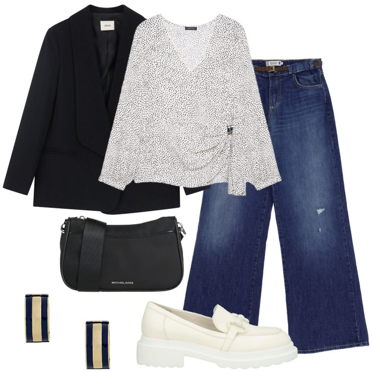 Outfit donna - Drappeggio strategico. Stile Casual per Ufficio. Abbinamento con borse a tracolla, mocassini, jeans, blazer, orecchini, bluse.