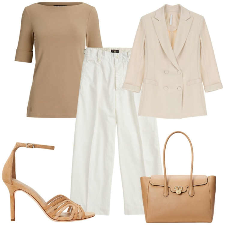 Outfit donna - Total look #2062131. Stile Chic per Tutti i giorni. Abbinamento con blazer, pantaloni, t-shirt, borse a mano, sandali in pelle.