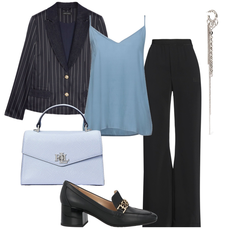 Outfit donna - Il blazer a righe. Stile Bon Ton per Serata fuori. Abbinamento con pantaloni, mocassini, top, borse a mano, blazer, orecchini.