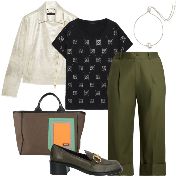 Outfit donna - Il chiodo lurex. Stile Casual chic per Tutti i giorni. Abbinamento con borse a mano, mocassini, braccialetti, pantaloni, t-shirt, blazer.
