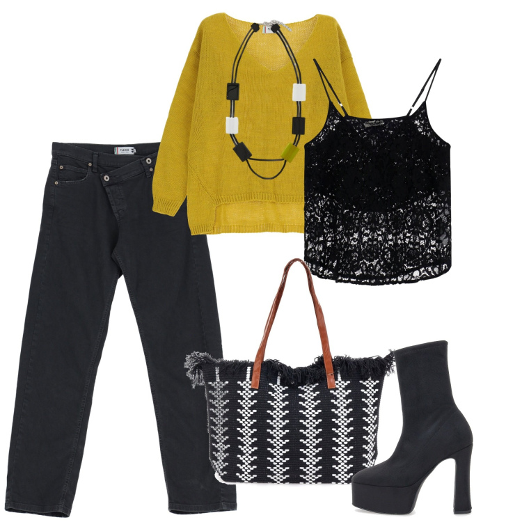Outfit donna - Con una spalla scoperta. Stile Casual chic per Tutti i giorni. Abbinamento con maglieria, jeans, top, borse a spalla, stivaletti, collane.