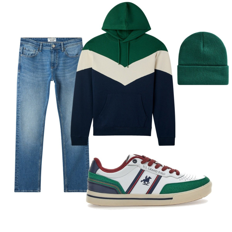 Outfit uomo - Total look #2062151. Stile Casual per Tutti i giorni. Abbinamento con jeans, felpe con cappuccio, berretti, sneakers.