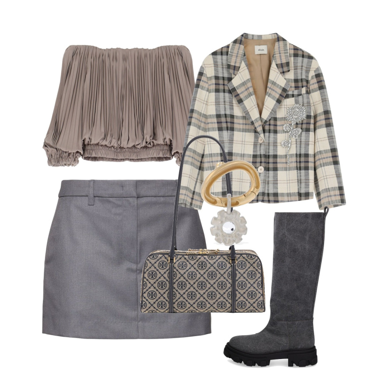 Outfit donna - Greige. Stile Chic per Tutti i giorni. Abbinamento con top, blazer, stivali, orecchini, minigonne, borse a spalla.