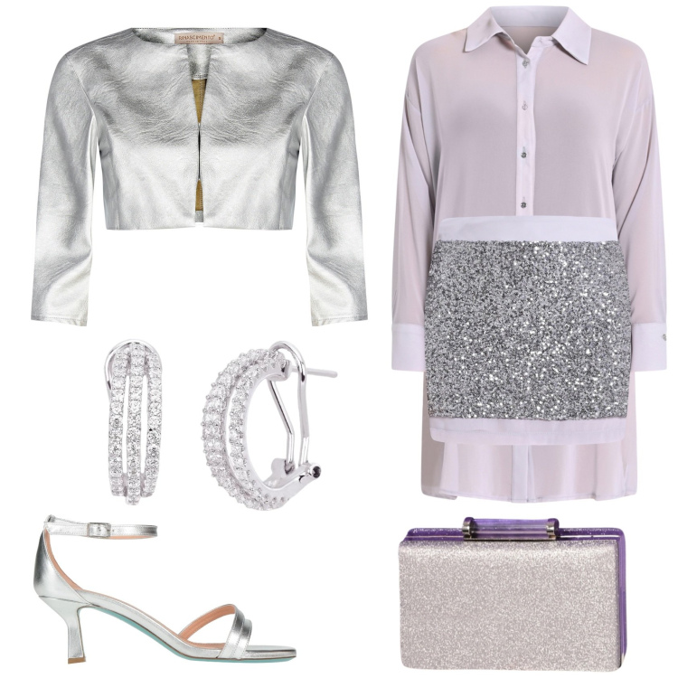 Outfit donna - Camicia oversize e paillettes. Stile Glamour per Serata fuori. Abbinamento con sandali in pelle, orecchini, bolero, camicie, minigonne, pochette.
