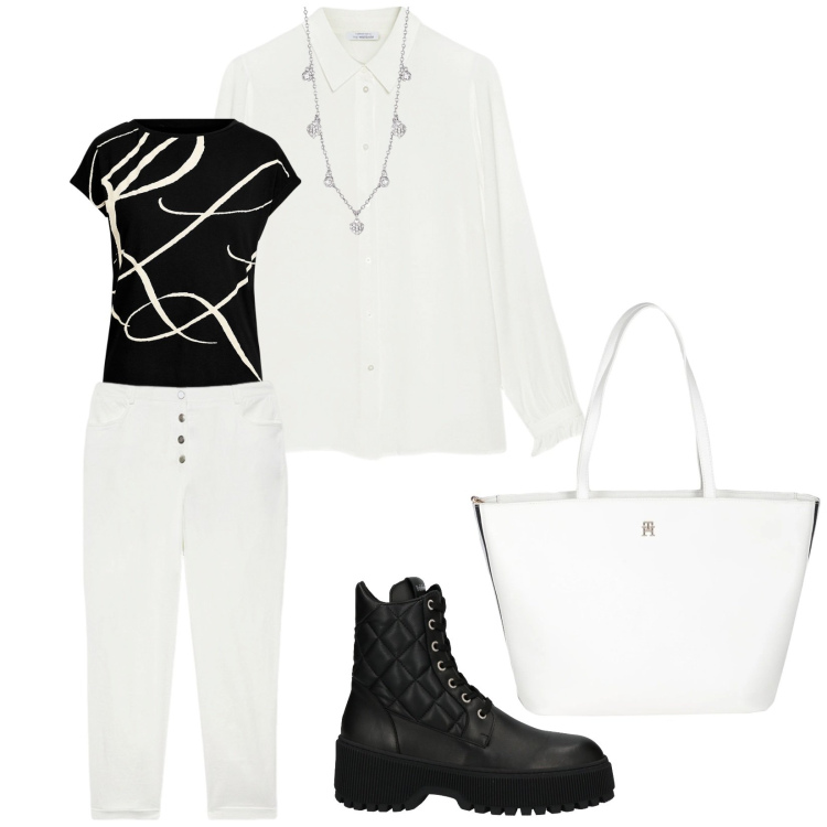 Outfit donna - Con la camicia aperta.... Stile Casual chic per Scuola/Università. Abbinamento con borse a mano, anfibi, collane, maglieria, camicie, pantaloni.